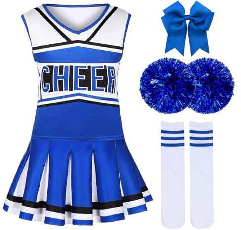 HUKUMA Disfraz de Animadora para Niña, Disfraz Cheerleader Mujer Traje Animador Niños, Uniforme Porristas con Calcetines Lazo y Pompones, Disfrazs Regalo para Carnaval Halloween Cosplay Fiesta