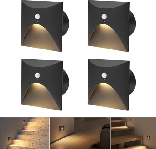 Arotelicht 4er 3W LED Treppenlicht mit Bewegungsmelder Warmweiß 3000K Aluminium Einbaustrahler 230V Eckig Wandeinbauleuchte Treppenleuchte Wasserdicht Innen Außen Schwarz Stufenlicht, Ø60mm