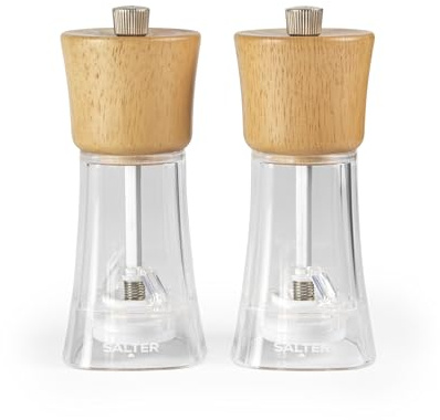 Salter Arden Salt & Pepper Mill Set – Clear Acrylic Body, Twist to Grind Universal Mechanism, Ceramic Mechanism, Adjustable Grind, Refillable Seasoning Mills, FSC®-Certified Rubberwood Lid, Light Wood
