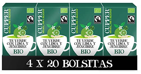 Cupper - Pack de 4 Cajas de 20 Bolsitas de Té Verde Ecológico con Lima y Jengibre - Libre de Gluten - Apto para Consumo Vegano - Propiedades Antioxidantes y Digestivas
