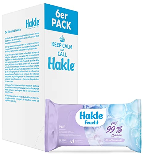 Hakle Feucht Pur im 6er-Pack (6 x 42 Blatt), pflegendes feuchtes Toilettenpapier, feuchte Tücher mit 99% Wasser, schnell wasserlösliche Feuchttücher