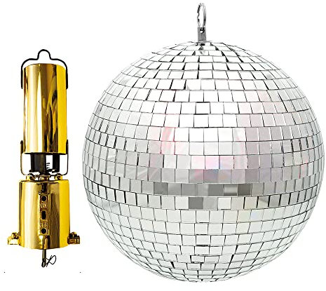 beamz Battery Powered 20cm Mirror Ball with Gold Hanging Motor, Rotating Glitter Disco Decoration for Wedding, Party, Dance Hall, Event Venue