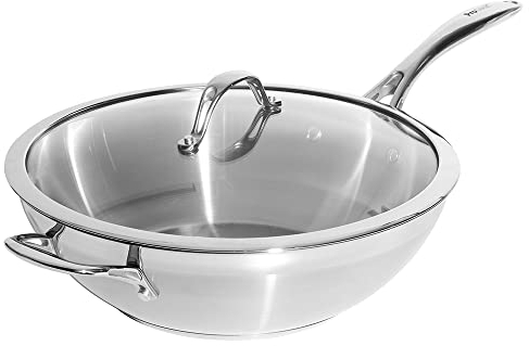ProCook Professional Stainless Steel Wok with Lid Uncoated Induction & Oven Safe Pans Heavy Duty Cooking Pots - 30cm