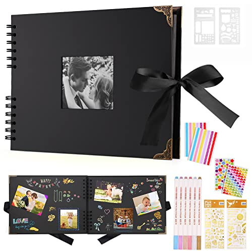 DazSpirit Fotoalbum 29,5 X 21cm Fotoalbum Zum Selbstgestalten Schwarz Fotobuch Mit 80 Seiten Scrapbook, Für 160 Bilder, Inkl.6 Metallic Farbmarker, Gästebuch Für Geburtstag Und Hochzeit(Schwarz)