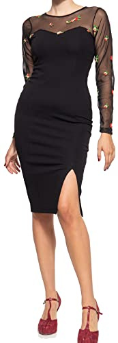 Queen Kerosin Vestido de lápiz para mujer, vestido de lápiz, aspecto de malla, bordado, rosas, vestido de cóctel, vestido de fiesta, vintage, moda de noche, Negro , L