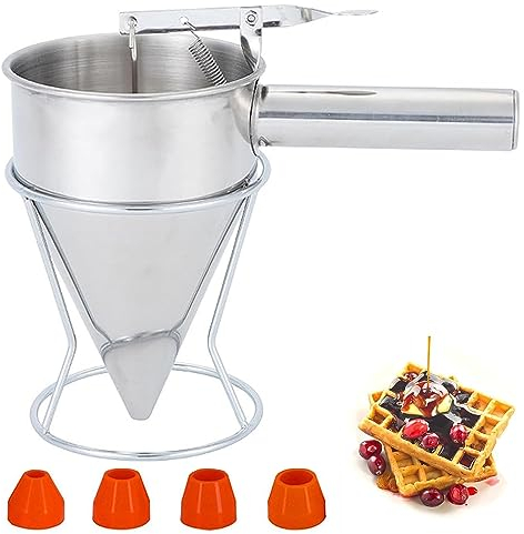 Imbuto Dosatore per Pastella 1.2L a Pistone in Acciaio Inossidabile con Supporto per Pasticceria da Forno, Dispenser per Pancake, Torte, Waffle, Takoyaki, Salse, Cioccolatini