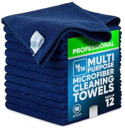 MW Pro Multi-Surface Microfiber Towel – 12 Pack | Premium Cleaning Cloth | Clean, Buff, Dust, Polish, Absorb | Large 16x16 (Dark Blue)