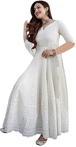 Yashika Women's & Girls White Colour Chikankari Long Kurti Dress (YS-K1113-XXL), White, L