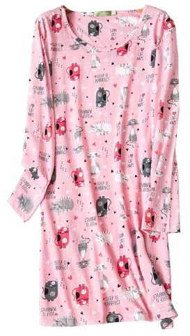 Dreamskull Camicia da notte da donna a maniche lunghe camicia da notte allentata camicia da notte in stile cartone animato Stely camicie da notte casa t-shirt vestito per l'autunno, Gatto rosa., XL