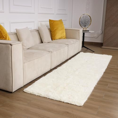 Oxford Homeware Rugs Living Room– Fluffy Cream Area Rugs for Bedroom, Hallway Runner Rug 60 x 220 cm Anti Slip – Modern Super Soft Rug Washable Floor Carpets