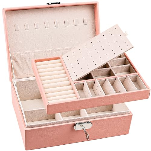 Yatinkim Schmuckkästchen Rosa für Damen Schmuckaufbewahrung 2 Ebenen Mädchen Schmuckkasten Doppelschicht Große Schmuckschatulle mit Schloss Schmuckbox PU Leder Schmuck für Ohrringe Halsketten Ringe