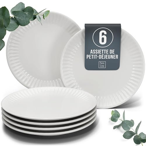 Set de 6 Assiettes à Petit-Déjeuner en Grès – Design HYGGE Scandi - Assiettes à Dessert et à Gâteau avec Design Rainuré - Assiettes Petites pour Salades - Vaisselle Pure Living en gris clair