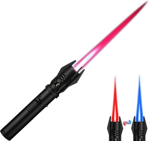 Accendini a torcia lunga a spada laser, ricaricabili, a butano, con blocco di sicurezza, fiamme rosse e blu regolabili, accendini a turbina antivento in metallo per cucina, caminetti, campeggio, barbe
