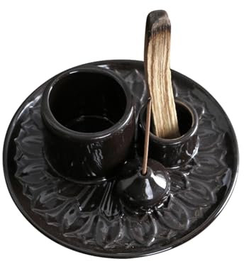 PRITOK 4 in 1 Supporto per Bastoncini di Incenso in Ceramica per Meditazione e Palo Santo (Nero)