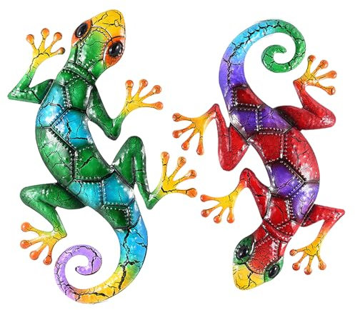 Huspox 43cm Metal Gecko Wall Art Large 2 Pack, Outdoor Lizard Garden Decor, Hanging Wall Decor Sculpture for Garden Fence Home
