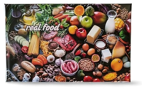 Real Food – Imán para nevera grande | imanes para motivación y atención plena | ideal como pequeños regalos | placa magnética de metal estable 120 x 75 mm