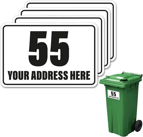 4X Wheelie Bin Number Stickers Trash Garbage Can Stickers Classic Custom House & Street Name Address Labels