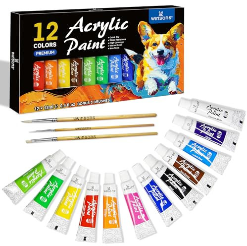 WINSONS Acrylic Paint Set - 12 Colours for Canvas, Ceramic, Crafts, Fabric, Wood, Paper, Rock Painting - Non Toxic, Vibrant Pigments for Beginners, Students - Art Supplies (12ml Each)