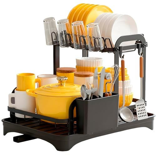 Escurreplatos de 2 Niveles para Encimera, Escurridor de platos para fregadero con Soporte para vajilla y cubiertos, Escurreplatos acero inoxidable para Cocina con bandeja de drenaje automático
