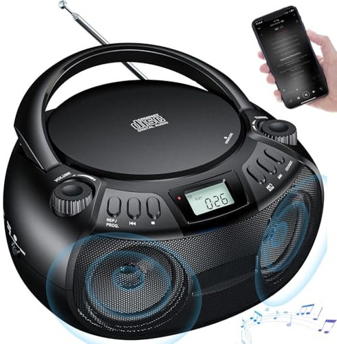 Lettore CD cassette Boombox con Bluetooth, radio AM/FM, altoparlanti stereo, ingresso AUX, display LCD, jack per cuffie, riproduzione MP3 USB, centro musicale per la casa