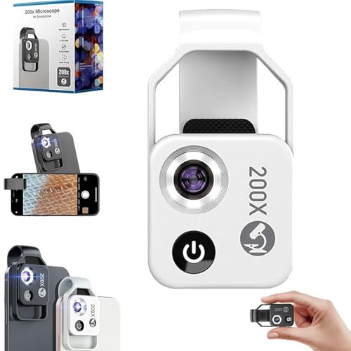 Zoomzip 200x Zoom di Ingrandimento, Attacchi Fotocamera Microscopio Digitale Tasca Ortable, biettivo Cpl/Luce Led, Obiettivo Telefono per Smartphone Cellulare CPL Led(Bianco)