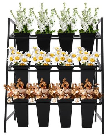 Présentoir à plantes en métal à 3 étages avec 12 cubes - Support de fleurs multi-couches - Chariot polyvalent pour la maison et le jardin - Élégant exposant de fleurs