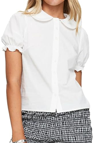 Women's Summer Button Down Shirts Solid Doll Neck Short Puff Sleeve Preppy Blouse Cute Babydoll Casual Blouse Tops