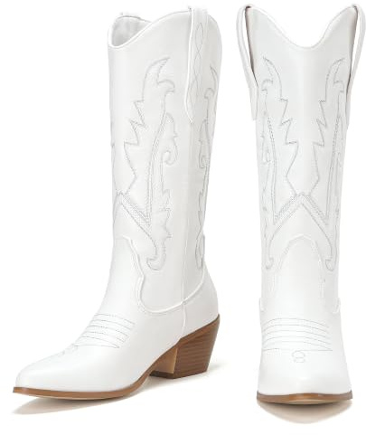 COOLCEPT Womens Cowboy Boots Mid Calf White Cowgirl Boots Embroidered Western Boots Pointed Toe Block Heels
