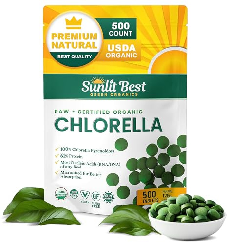 Sunlit Best USDA Organic Premium Chlorella Tablets 500 Tabs | 100% Pure Chlorella Superfood Supplement High in Protein, Chlorophyll, Vitamins, & Minerals | Supports Good Health, Wellbeing & Recovery