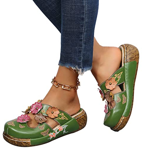 Onsoyours Sabots Femme Compensées Clogs Mules Plates Plateforme Sandales en Cuir Eté Pantoufles Chaussures Confort pour Pieds Larges C Vert 37 EU