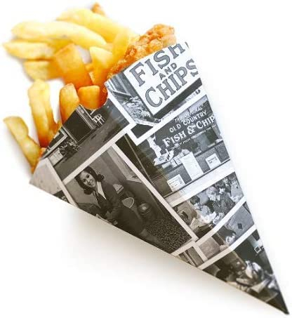 LGT 50 x Newspaper Design Chip Cones/Holders. Recyclable. Disposable. Food Safe. Fun Design, Grey