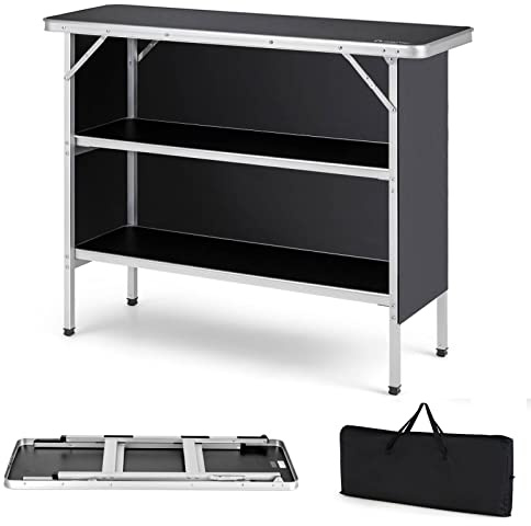 TANGZON Folding Camping Table, 110/206CM Aluminum Picnic Table with 2-Tier Shelves, Spacious Tabletop & Carry Bag, Lightweight Portable Kitchen Work Table for BBQ Party Travel (Black,110x38x88cm)