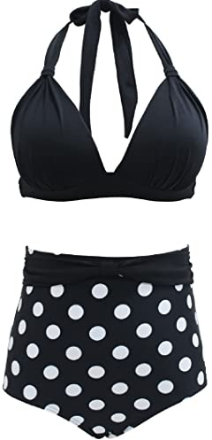 Bslingerie® Women Halter Retro High Waisted Bikini Swimsuit 2 Pcs Set (3XL, Polka Dots)