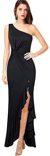 KOEMCY Women's Elegant Long One Shoulder High Split Sleeveless Sexy Bodycon Dress - Cocktail Gowns & Wedding Party (Black, L)