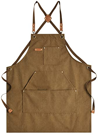 Aoomzoon Canvas Aprons for Men Chef Apron, Work Apron with Large Pockets - Durable 16oz Heavy Duty Cross Back, BBQ, Cooking (Brown, 1 Pack)