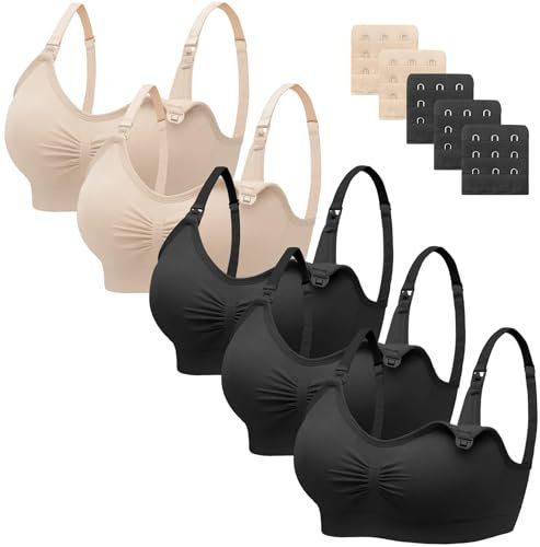 HBselect 5 Pcs Schwangerschafts Still BH Nahtloser Still-BH mit zusätzlichen BH-Verlängerungen Stillen und Schlaf Ohne Bügel für Damen Schwarz*3 Beige*2