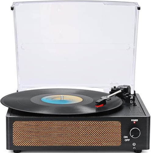 WOCKODER Vinyl Record Players Vintage Turntable with Speakers Belt-Driven Turn Tables Support 3-Speed, Bluetooth Wireless Playback, Headphone, AUX-in, RCA Line LP Phonograph Auto Stop Retro Black