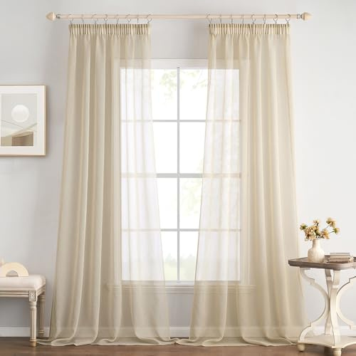 EMEMA Gardiner med veckband set om 2 260 cm lång beige gardin | Gardiner med veckband transparent gardin för skensystem vardagsrum luftig dekorativ gardin sovrum 140 x 260 cm