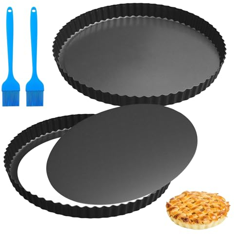 Vegena 2 Stück Quicheform 28 cm, Tarteform mit Hebeboden, Antihaftbeschichtete Quiche Backform, Tortenform Wellenrand, Pie Form, Quiche Form, Obstkuchenform Rund, Tortenboden Backform