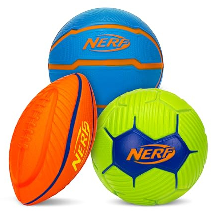 Nerf Mini Stress Foam Sport Ball Set - Kids Mini Sports Set - Includes Foam Micro Football, Soccer Ball + Basketball Soft Stress Relief Toy for Kids - Multicolor