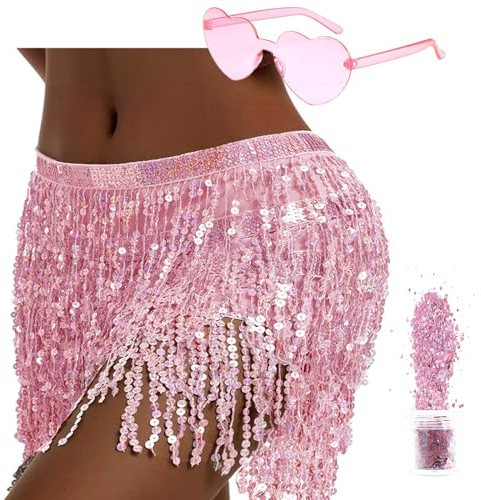 Pailletten Rock Damen Bauchtanz Hüfttuch，Glitzer Rock Damen für Halloween Karneval QuastenRock， Glitzerrock Bauchtanz Kostüm Damen und Mädchen (Polyester, Rose)