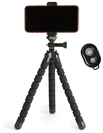 Amazon Basics Trípode flexible y portátil con mando a distancia inalámbrico y abrazadera para smartphone, 25,4 cm, negro