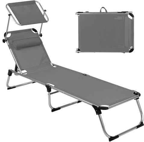 Montafox Sonnenliege 195 x 59 x 32 cm Strand Liege Tragbar max.150 kg Sonnendach Verstellbarer Rückenlehne Garten Pool Terrasse Klappbarer Liegestuhl, Farbe:grau