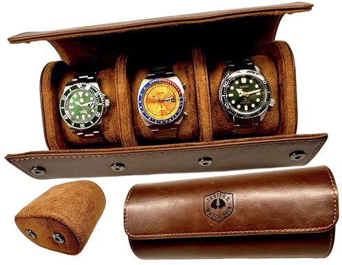 JAVIER.R WATCH DOCK Custodia organizer per orologi da viaggio – Rotolo in pelle PU (marrone Custodia in pelle PU per 3 orologi – Scatola/rotolo/custodia da viaggio – Organizer da uomo