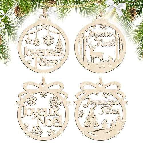 4pcs 10cm Décoration Boules de Noël en Bois Ornement Pendentifs Joyeux Noël Embellissements Tranches Joyeuses Fêtes forme Flocon de Neige Sapin Renne Scrapbooking pour Fête Noël Anniversaire Nouvel An