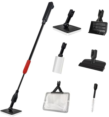 VANSUKY Juego de herramientas de limpieza 6 en 1 para acuarios, kit de limpieza extensible para peceras con red, cepillo de esponja, raspador de algas, rastrillo de grava, cepillo de tubo, plástico