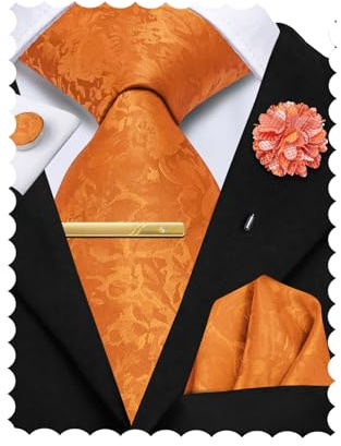 Hi-Tie Burnt Orange Mens Tie Set Silk Floral Halloween Ties for Men Formal Necktie Flower Lapel Clip Pin Hanky Cufflinks