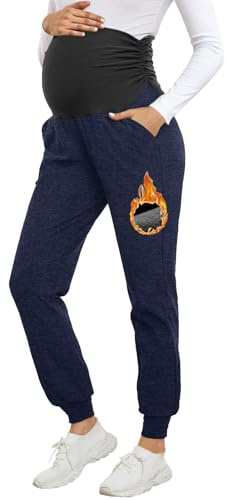 PARNIXS Maternity Thickened Stretch Design Pocketed Soft Fleece-Lined Thermal Leggings - Active Mom Yoga Pants - Thickened Edition Denim Blue