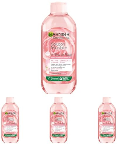 GARNIER Skin Active - Solution Micellaire Tout En 1 - Nettoie, Démaquille, & Ravive L'Éclat - Micelles & Eau de Rose - Vegan & Cruelty Free - Visage, Yeux, Lèvres - Peaux Ternes & Sensibles - 400 ml