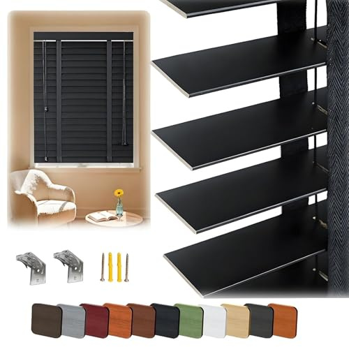 Blackout Wood Blinds for Indoor Windows, 2 Slats Privacy Wooden Blinds, 26 36 48 60 72 Cordless Horizontal Window Blinds Shades for Living Room, Bedroom, Home, Kitchen Venetian Blinds